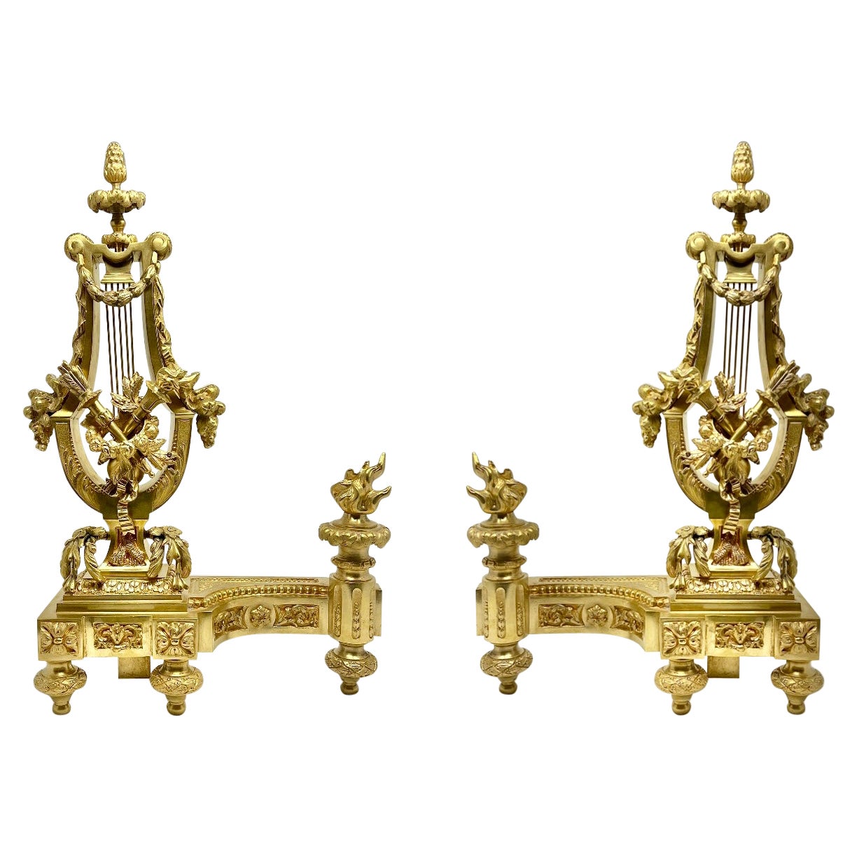Pair Antique French Louis XVI Gold Bronze Andirons, Circa 1890's. For Sale
