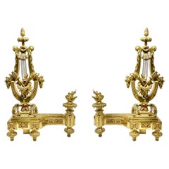 Pair Antique French Louis XVI Gold Bronze Andirons, Circa 1890's.