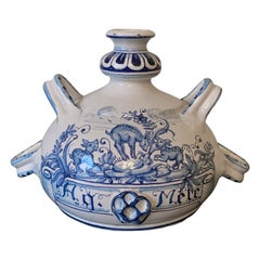 Retro Italian Hand Painted Blue and White Faience Pottery Jug Vase