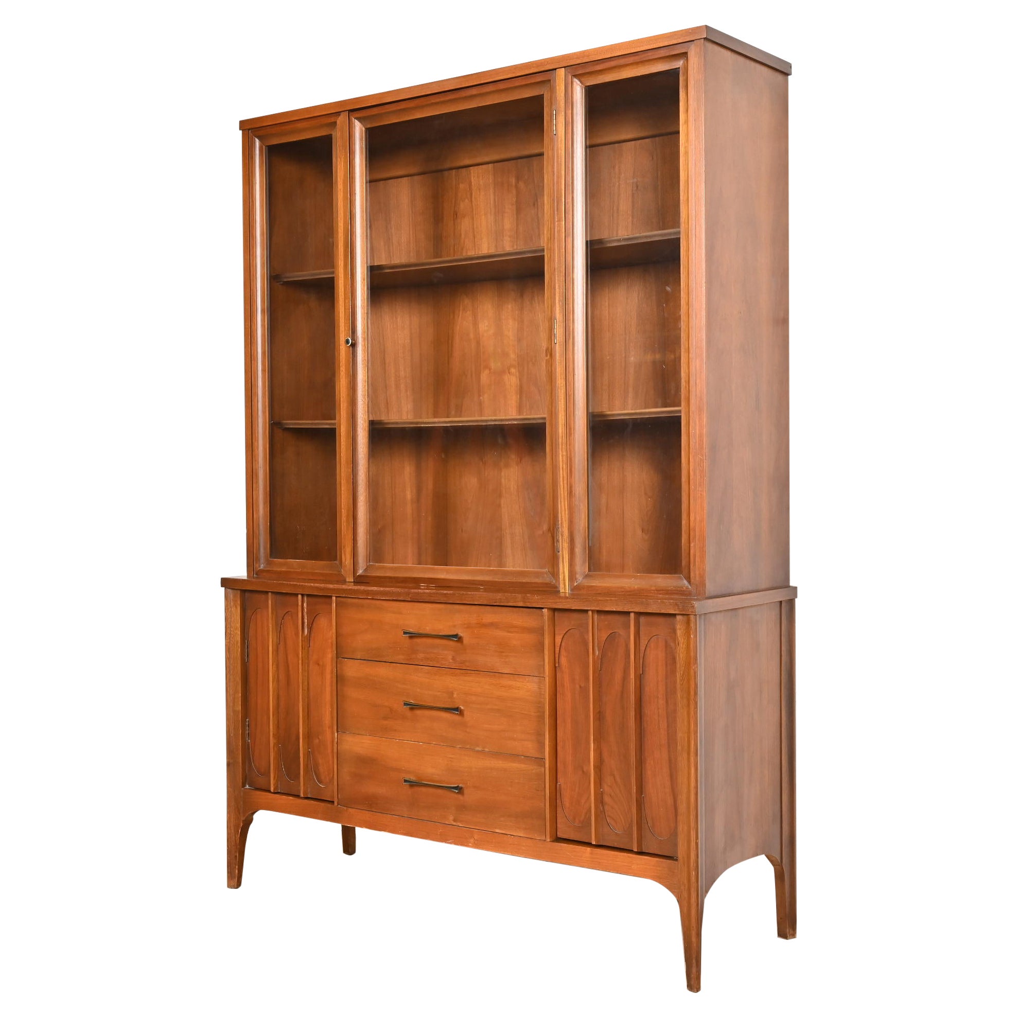 Broyhill Brasilia Style Sculpted Walnut Breakfront Bookcase or China Cabinet