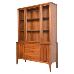 Retro Broyhill Brasilia Style Sculpted Walnut Breakfront Bookcase or China Cabinet