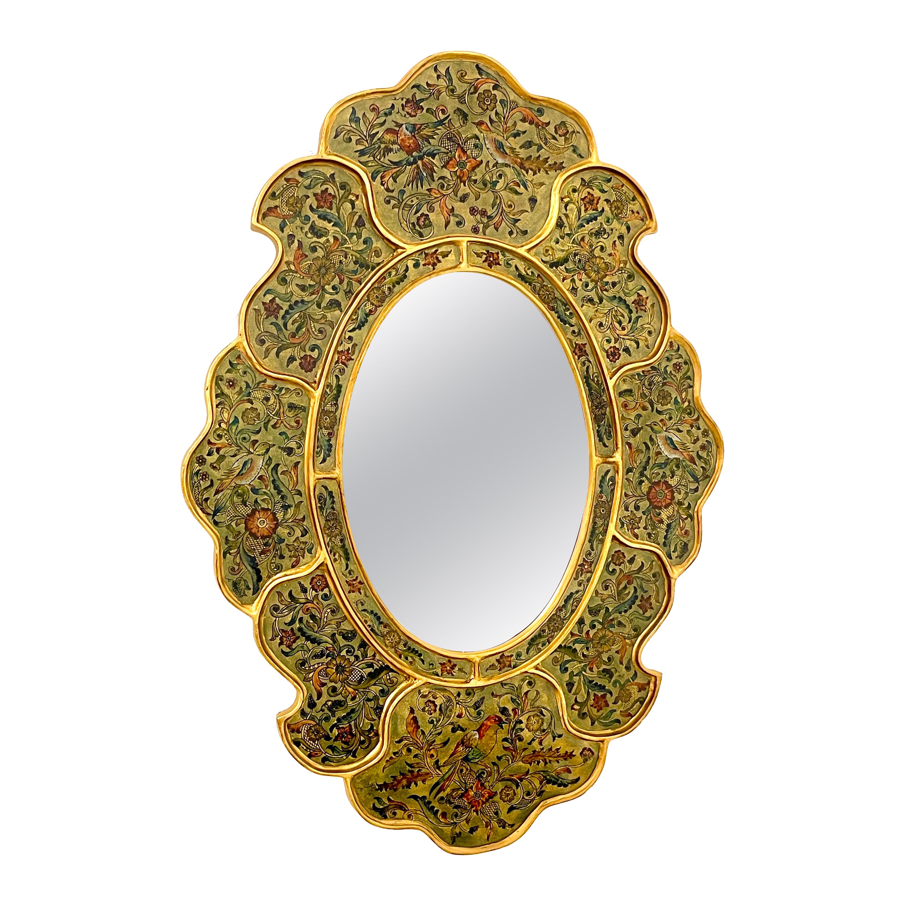 Spanish Colonial Bird & Floral Decorated Gilt Scalloped Verre Églomisé Mirror For Sale