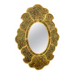 Antique Spanish Colonial Bird & Floral Decorated Gilt Scalloped Verre Églomisé Mirror