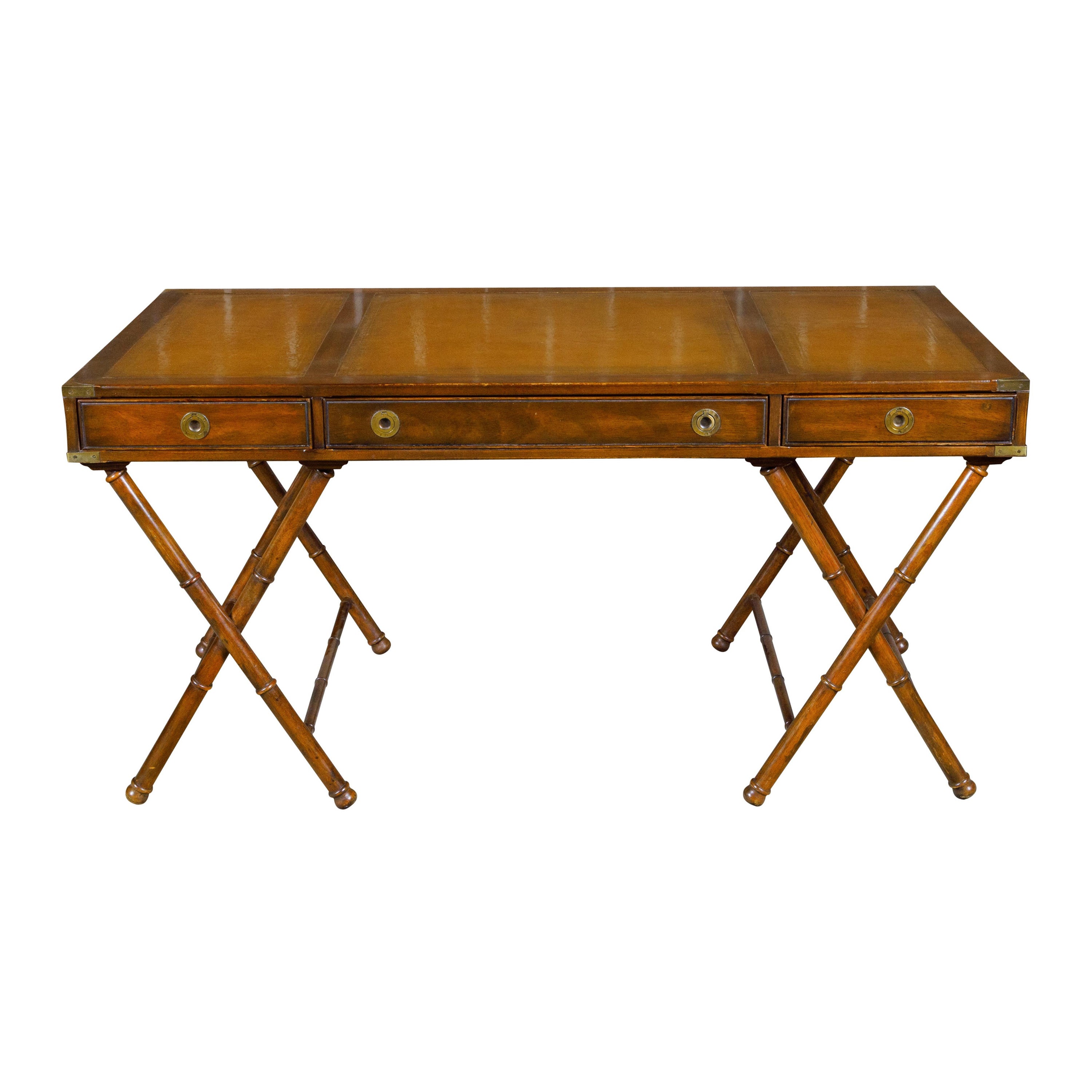 English Campaign Midcentury Desk with Faux Bamboo Base and Leather Top