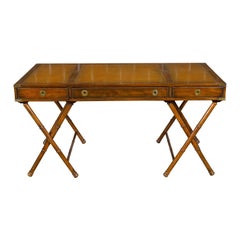 Retro English Campaign Midcentury Desk with Faux Bamboo Base and Leather Top
