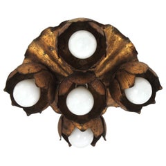 French Floral Flower Bouquet Light Fixture in Gilt Iron, Five Lights 