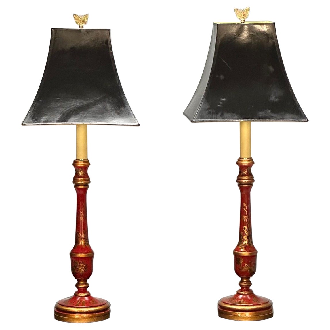 Chinoiserie, Table, Desk Lamps, Red Jappanned Wood, Giltwood, 1940s For Sale