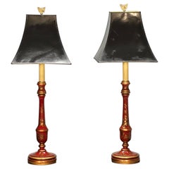 Chinoiserie, Table, Desk Lamps, Red Jappanned Wood, Giltwood, 1940s