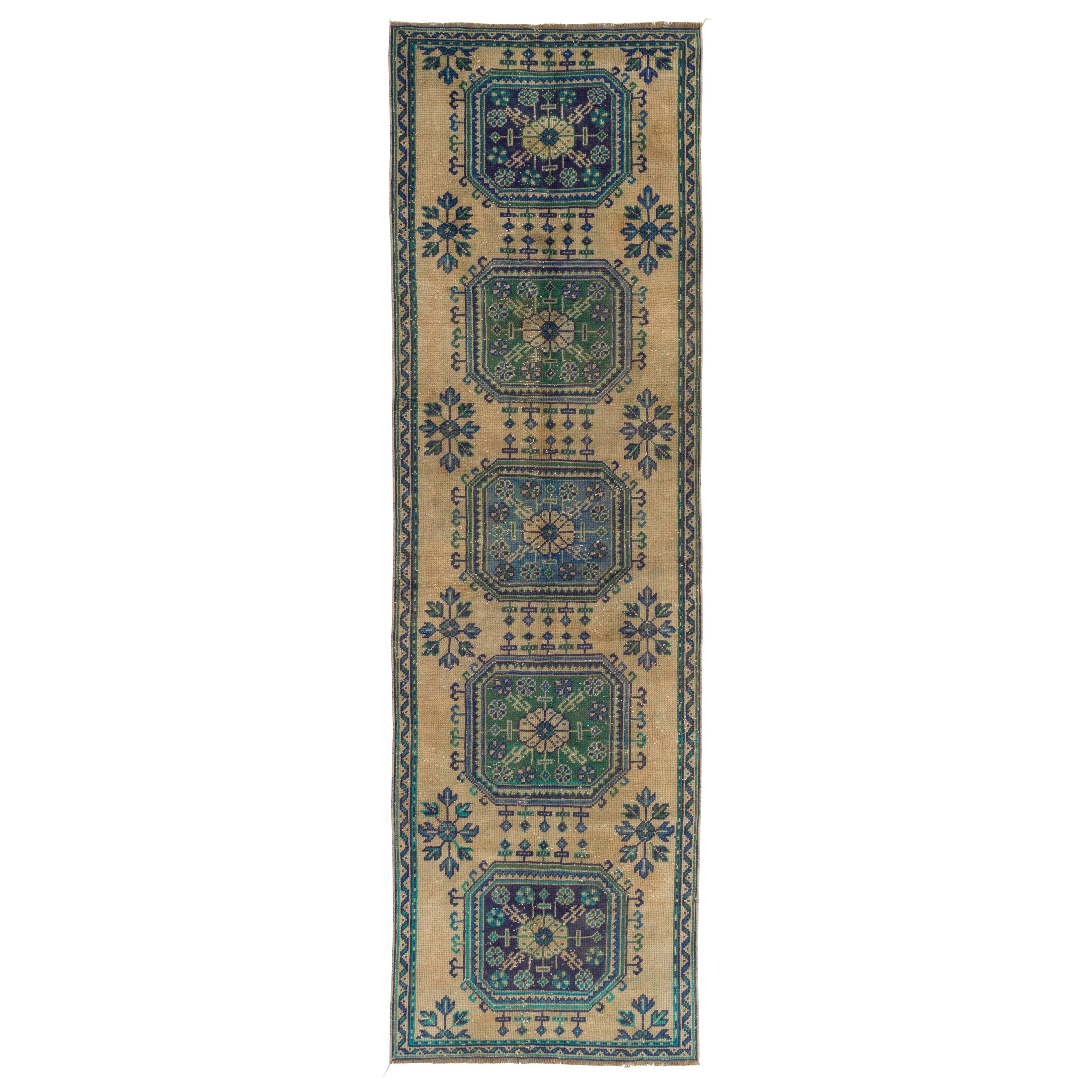 Handgefertigter Oushak-Läufer, 3,2x10,5 Ft, türkischer Corridor-Teppich, Vintage im Angebot