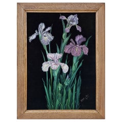 "Fleurs d'iris" par L.Chevallier, huile sur velours noir, vers 1930