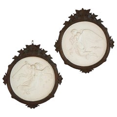 Pair of Antique Classical Parian Portrait Plaques Carved Walnut Frames 19thC
