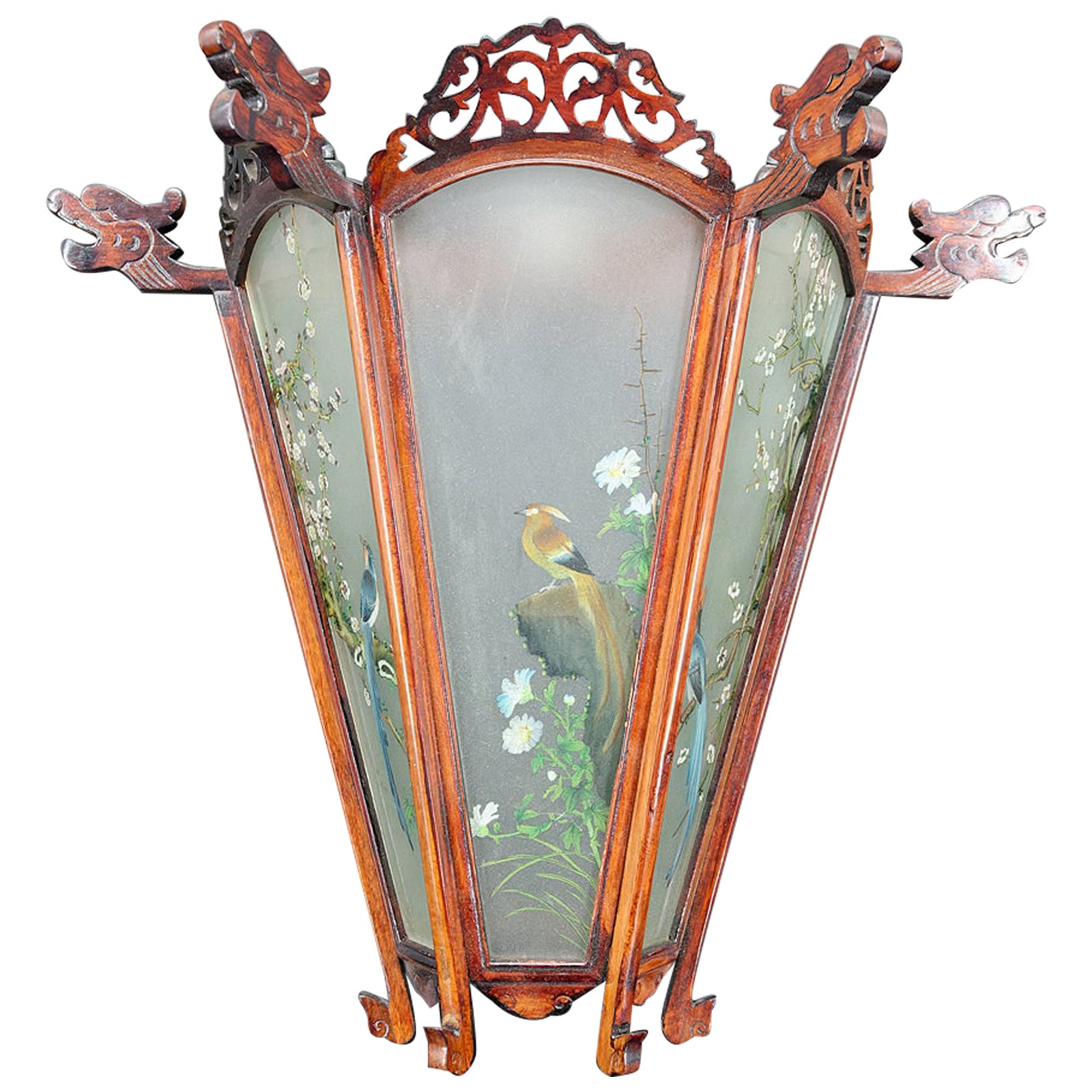 Asian Chinese wall sconce, painted birds, China, circa 1900 For Sale