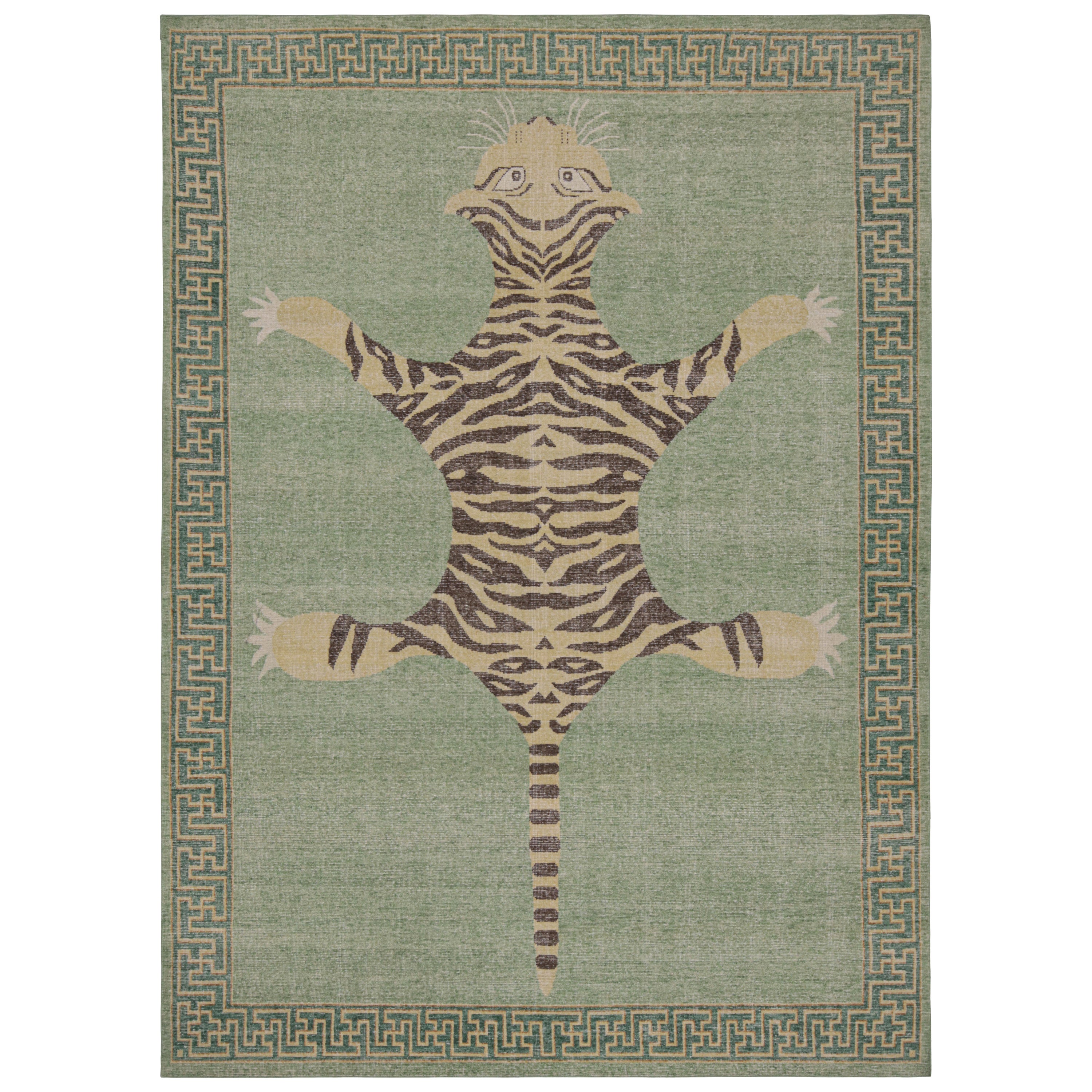 Rug & Kilim’s Modern Tiger Skin Pictorial Rug in Green, Beige and Brown For Sale