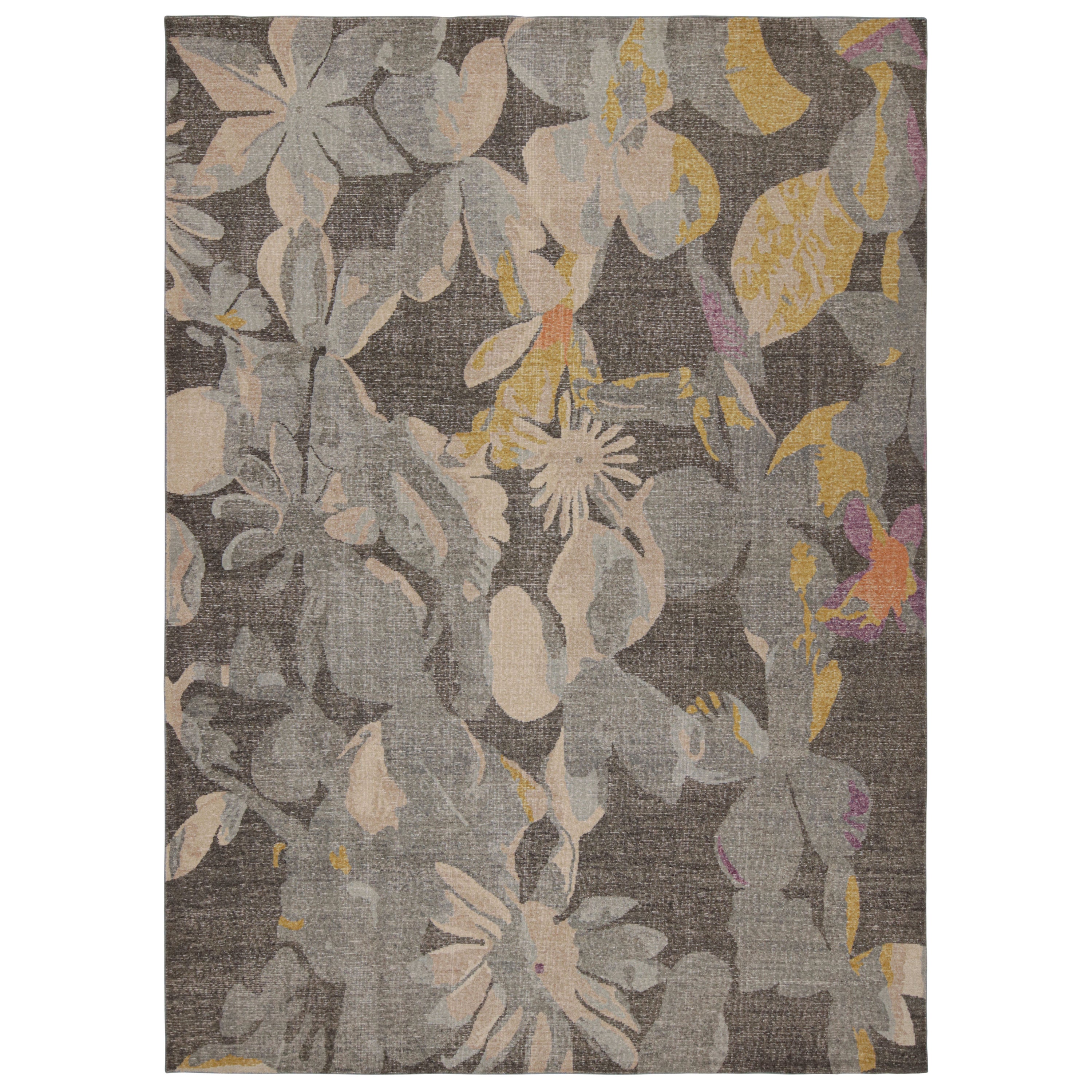 Rug & Kilim’s Contemporary Rug with Gray, Blue and Gold Floral Patterns For Sale