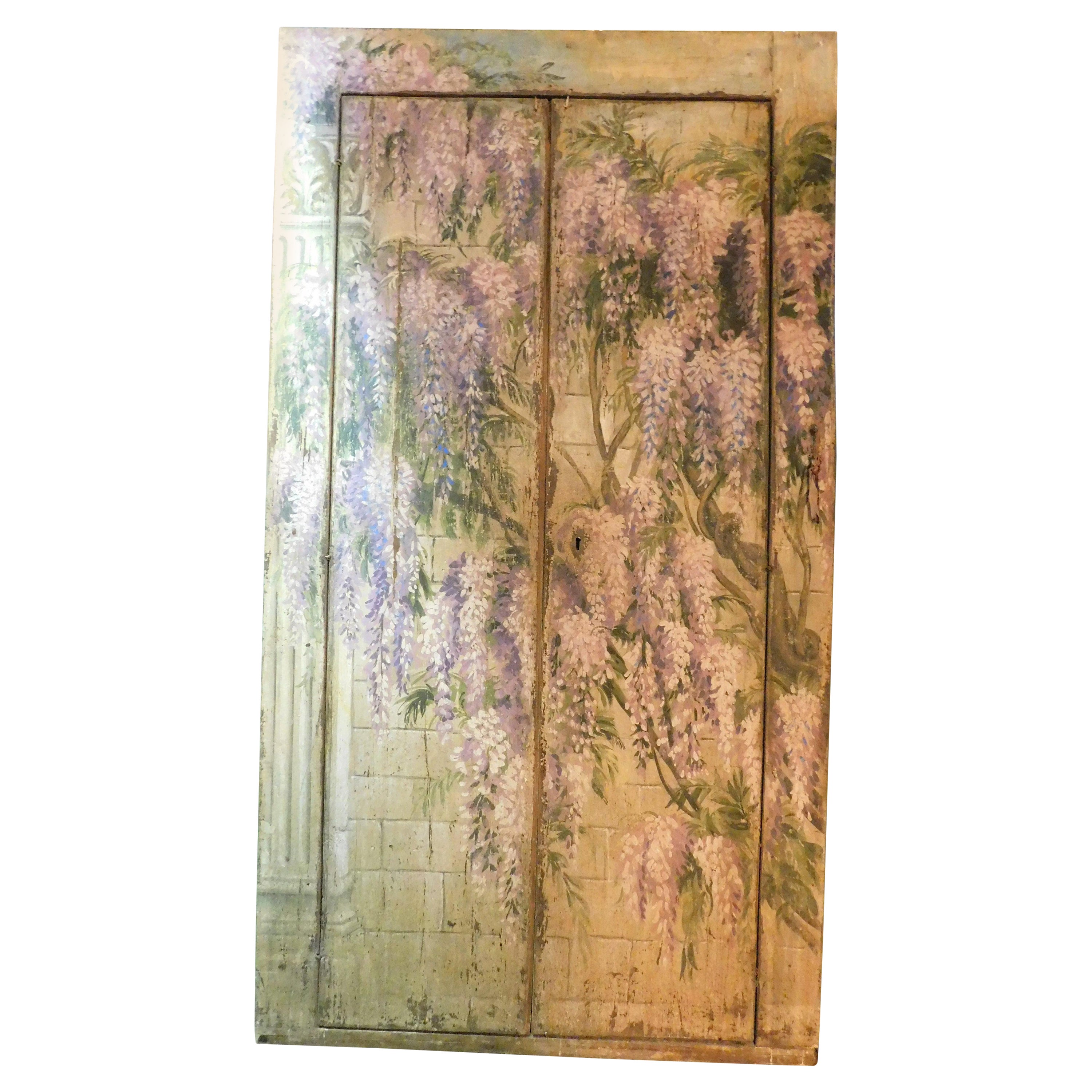 Old placard wall wardrobe painted with wisteria, double door, Italy