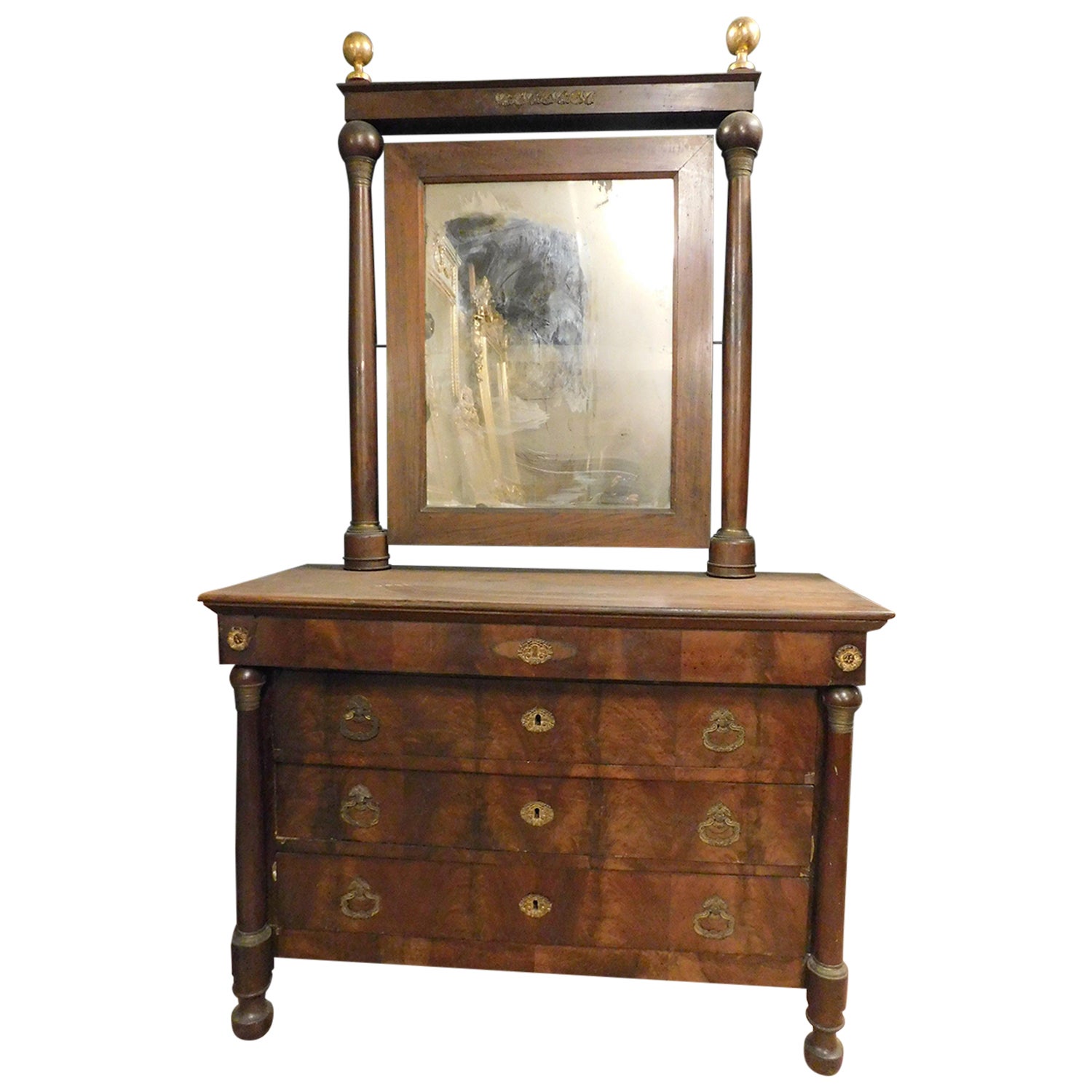 Console mirror and chest of drawers, walnut wood veneered, gilded bronze, Italy For Sale