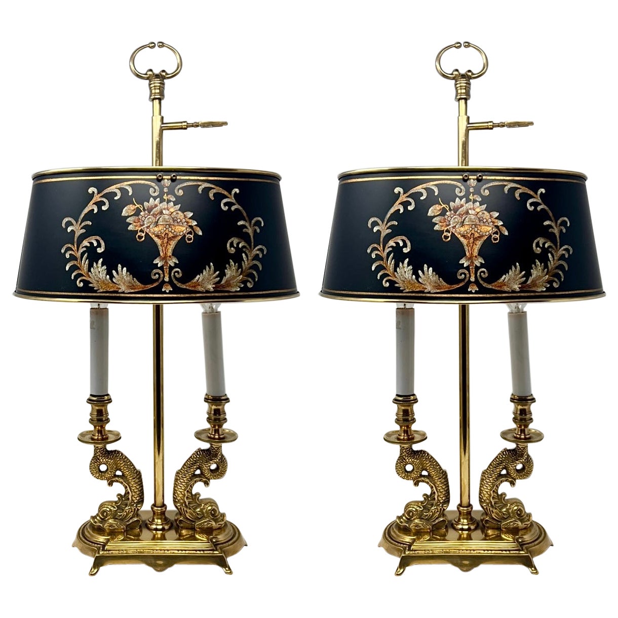 Pair Antique French Gold Bronze “Dolphin” Bouillotte Lamps with Tole Shades. For Sale