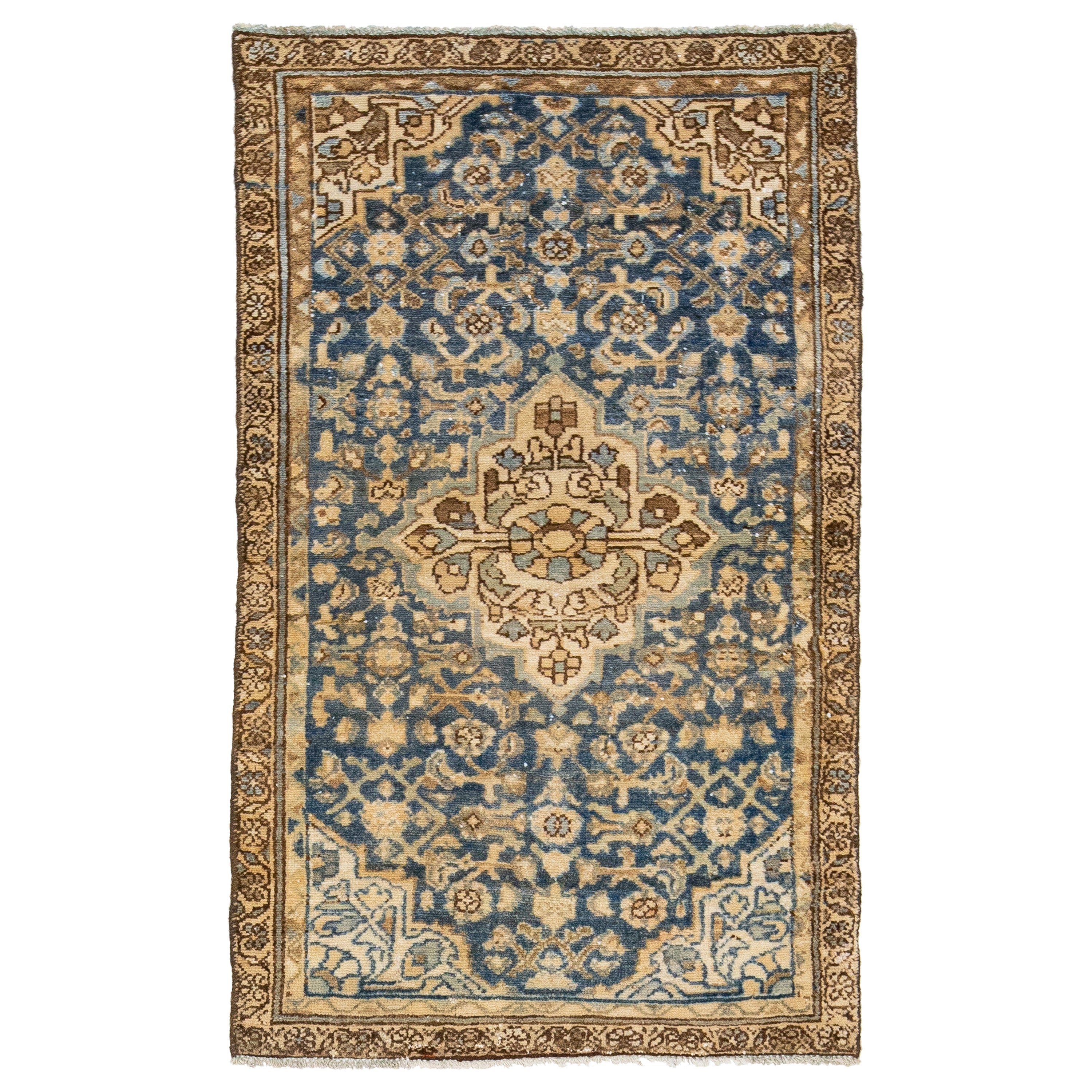 Medallion Antique Persian Hamadan Wool Rug In Blue For Sale