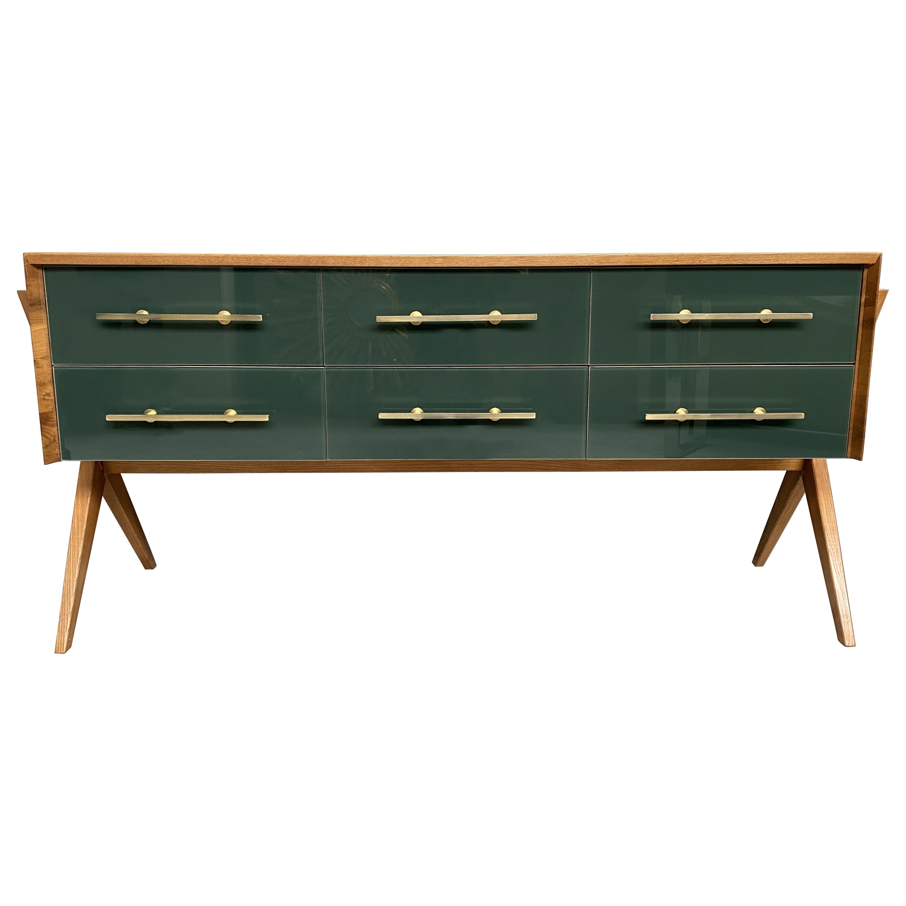 Commode contemporaine italienne en verre de Murano vert, laiton et Wood en vente