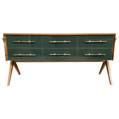 Italian Contemporary Green Murano Glass, Brass and Wood Dresser