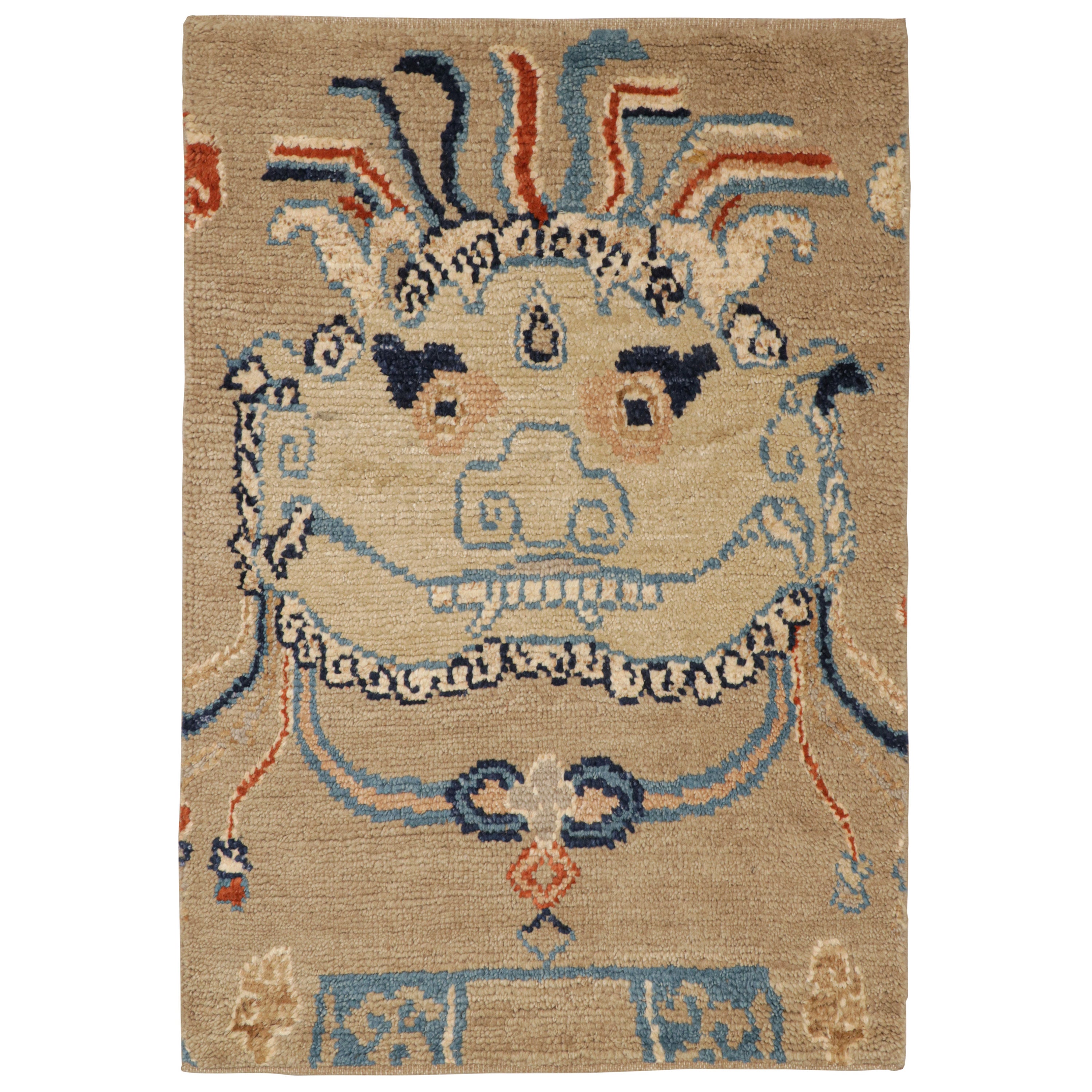 Rug & Kilim’s Dragon Scatter Rug in Beige with Orange and Blue Pictorial