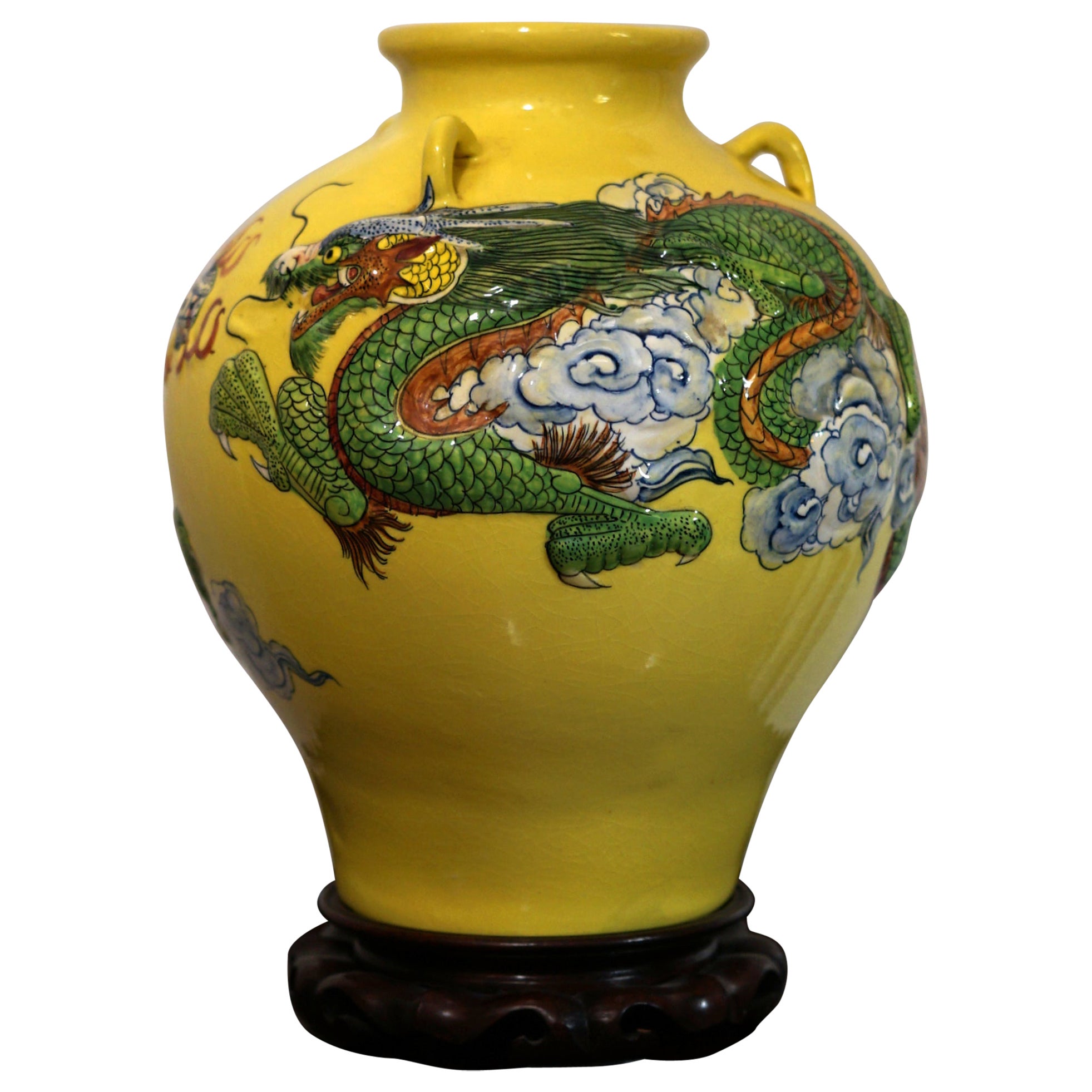 Dragon in Flight through Clouds on Large Yellow Jar For Sale