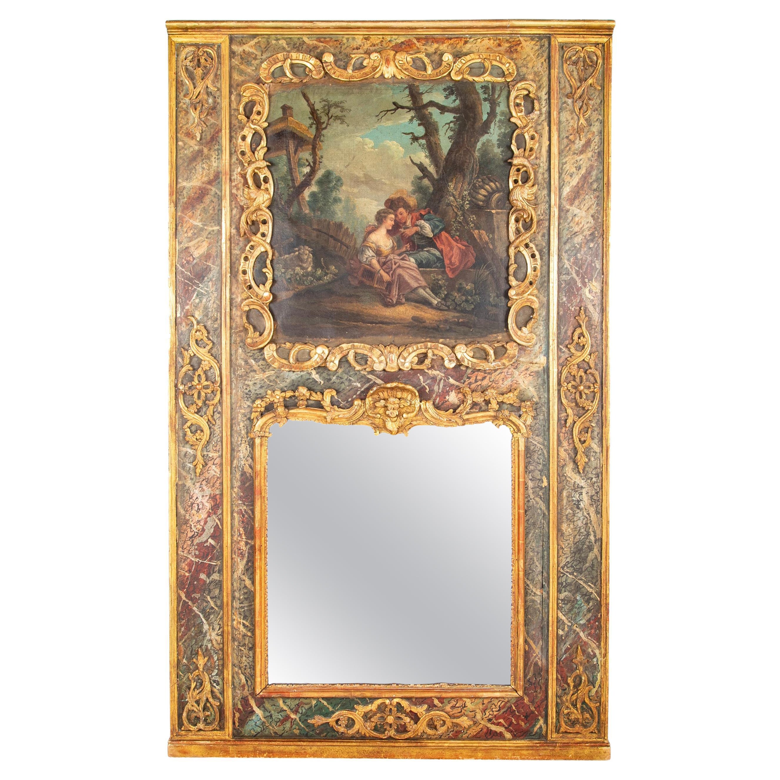 Miroir Trumeau français de la fin du XVIIIe siècle avec peinture romantique
