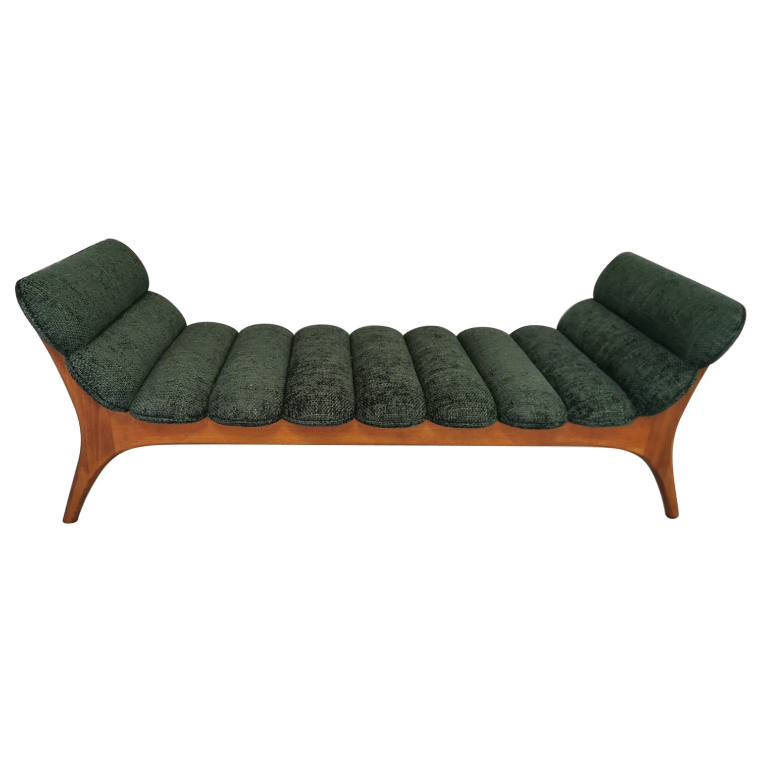 Italian Contemporary Forest Green Chenille  and Wood Bench For Sale