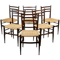 Set of 6 Italian rope and wood chairs in the style of Gio Ponti, 1960s