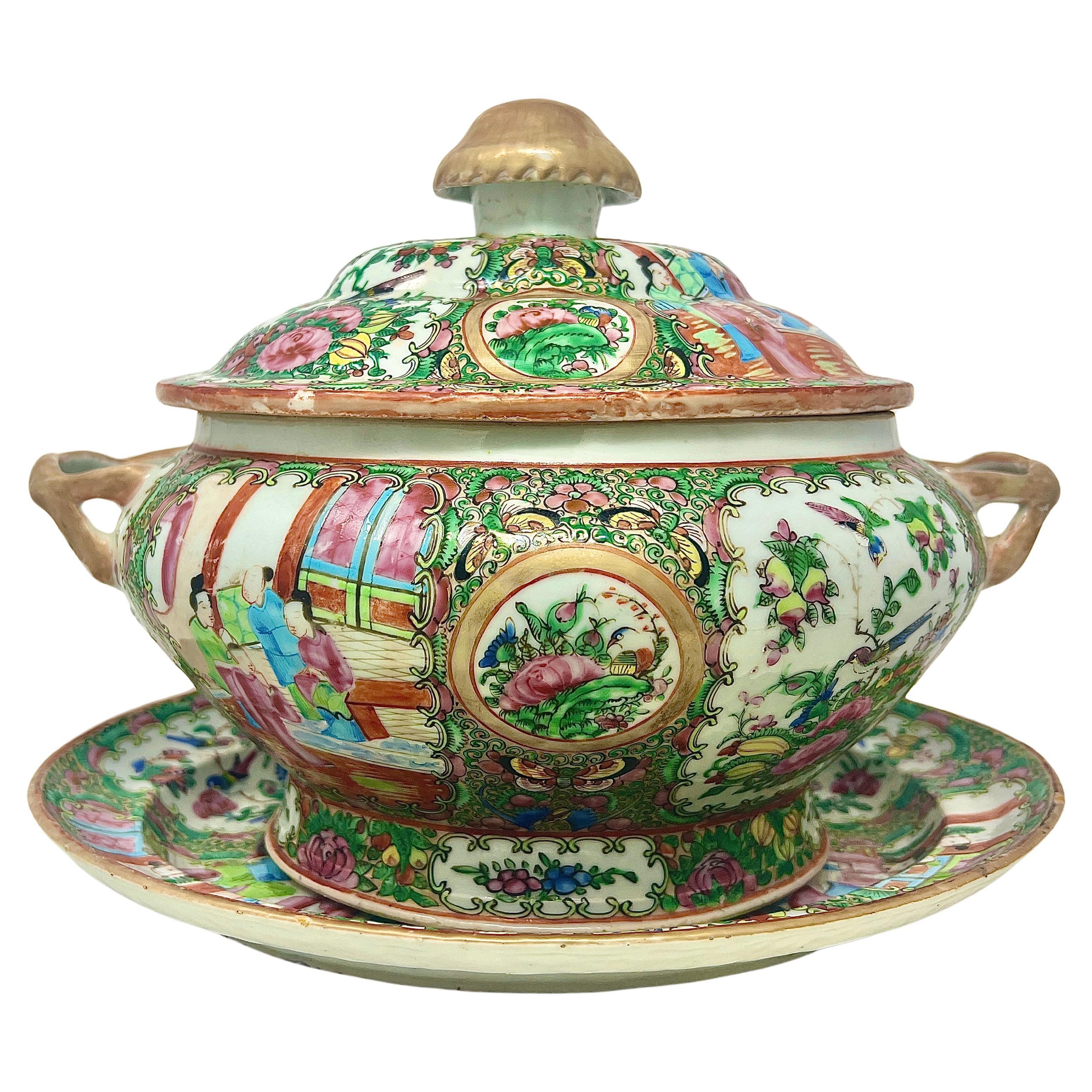 Antique Chinese Rose Medallion Porcelain 3 Piece Tureen, Circa 1920. For Sale