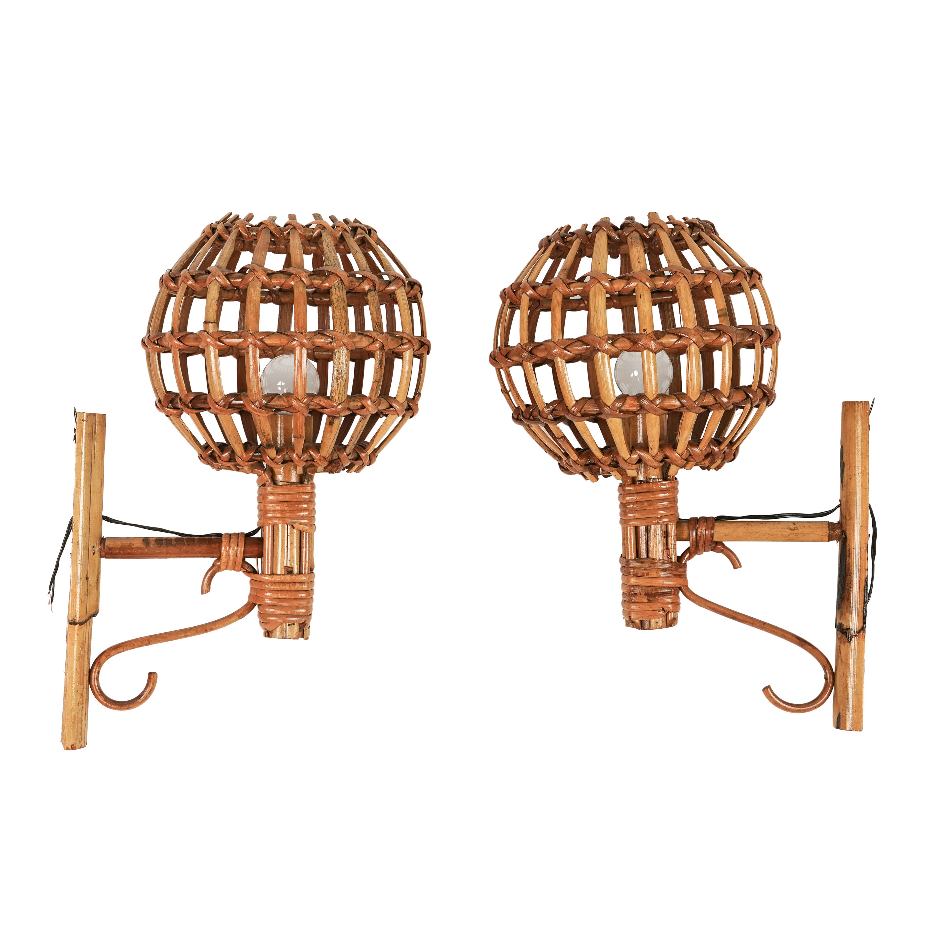 Pair of Sconces "Lantern" in Bamboo and Rattan Louis Sognot Style, Italy, 1960s For Sale