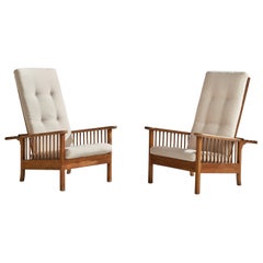 Vintage Italian Designer, Lounge Chairs, Oak, Brass, Fabric, Italy, 1940s