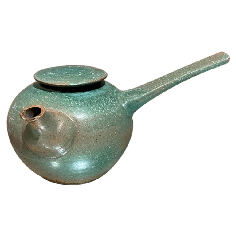 1960s Japanese Old Art Pottery Modern Green Tea Pot For Sale