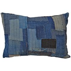 Antique Japanese Boro Pillow, Indigo Cotton with Sashiko Stitching