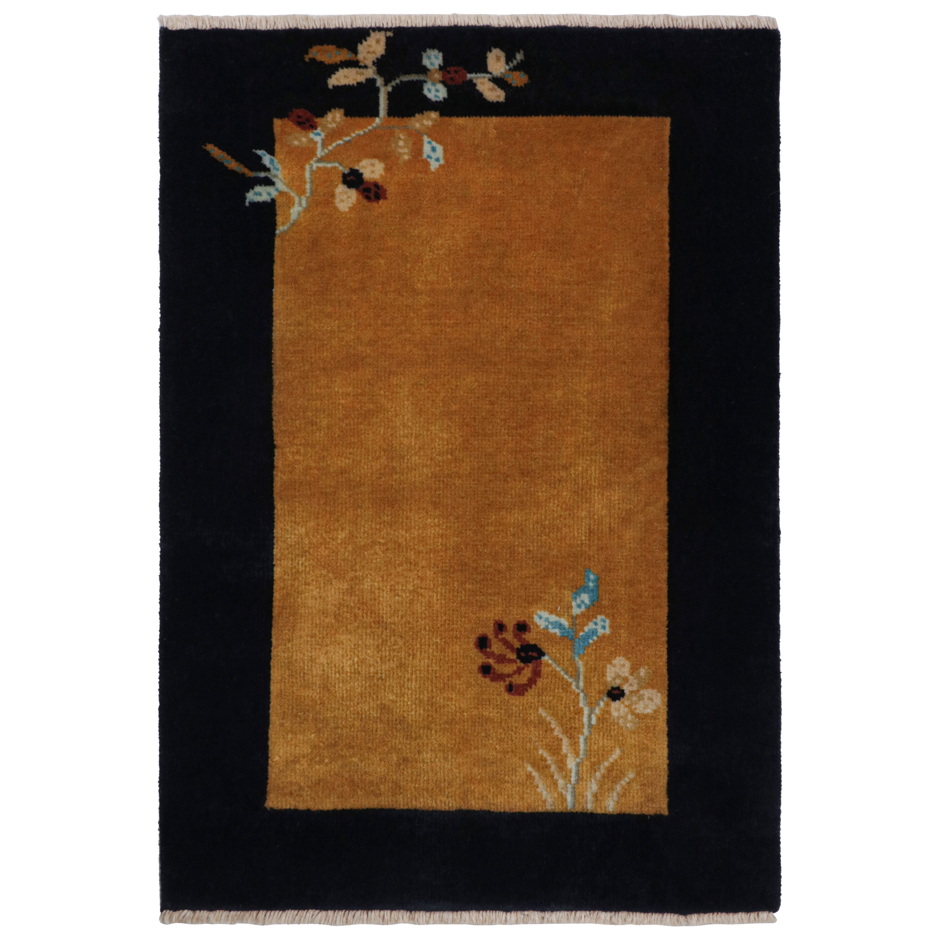 Rug & Kilim’s Chinese Art Deco Style Scatter Rug in Gold and Midnight Blue For Sale
