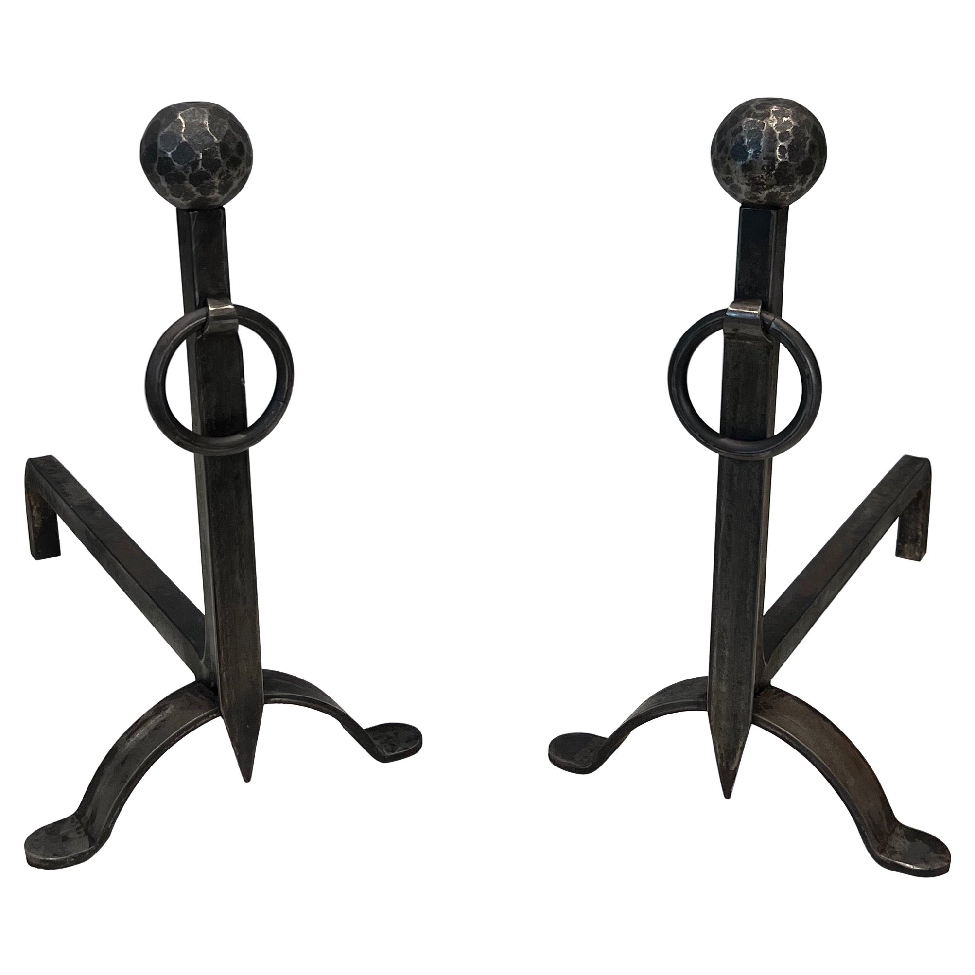 Pair of hammered wrought iron andirons. French Work. Circa 1950 For Sale