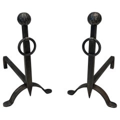 Vintage Pair of hammered wrought iron andirons. French Work. Circa 1950