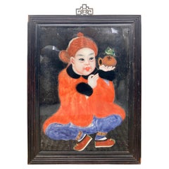 Antique Reverse Painting on Glass of Young Asian Boy
