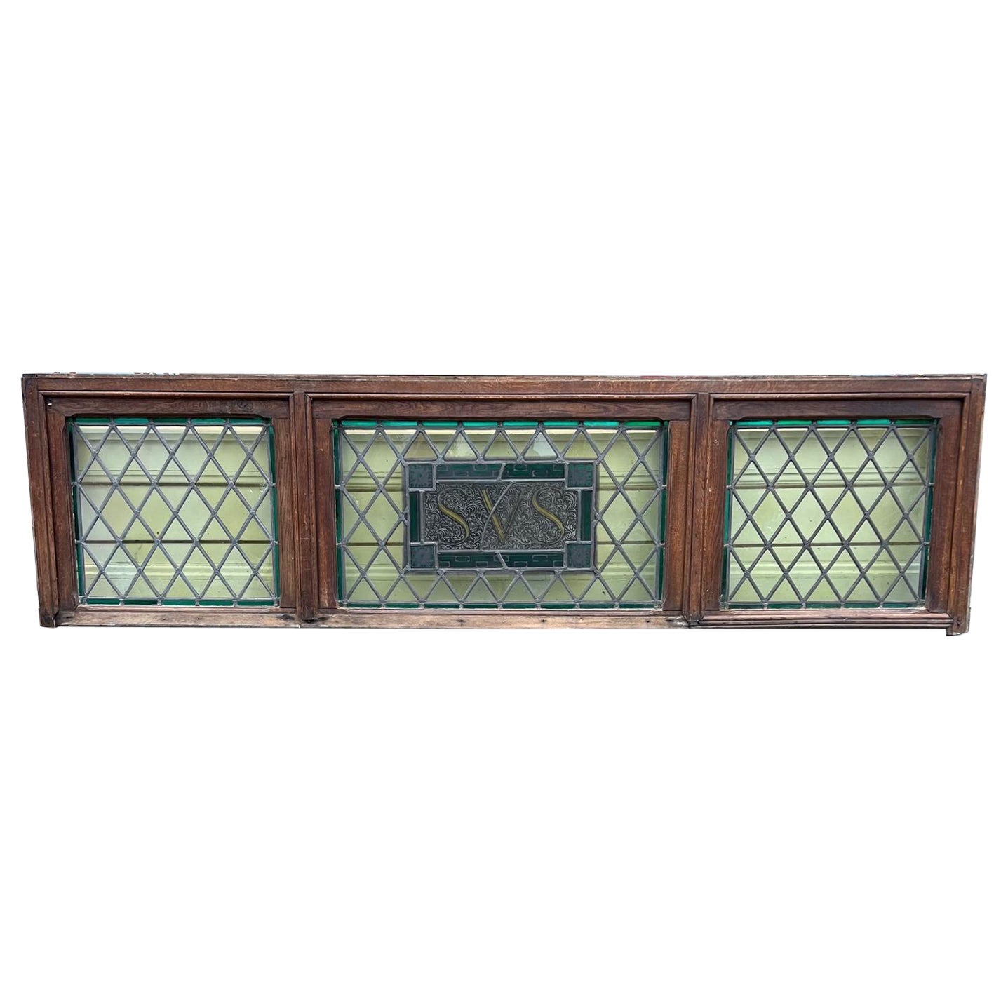 Large Antique Stained Glass Transom with SVS Center Belgium Wood Frame   