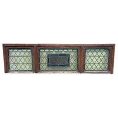 Large Antique Stained Glass Transom with SVS Center Belgium Wood Frame   