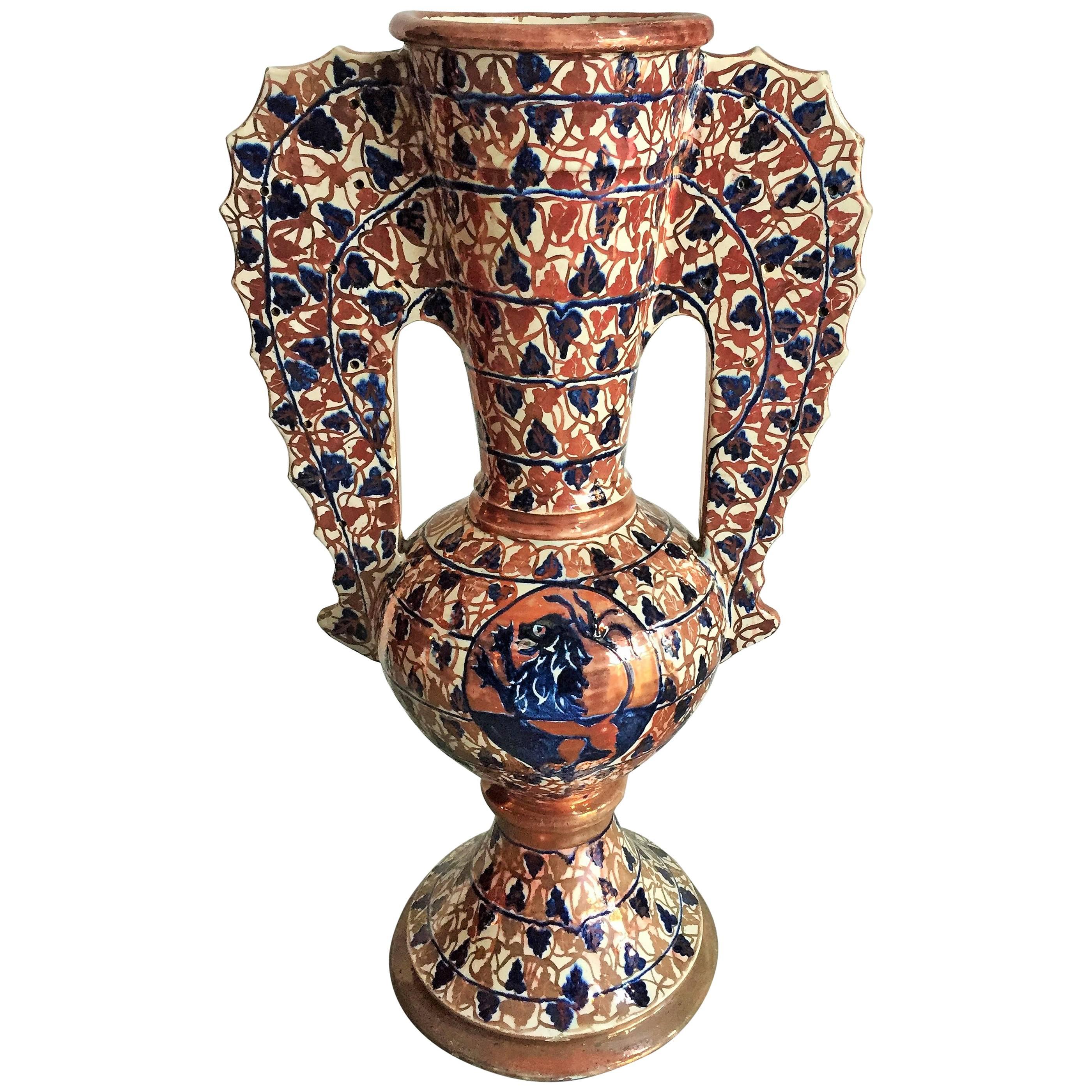 18th Spanish Century Glazed Alhambra Majolica Amphora Vase For Sale