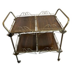 Vintage Mid-20th Century Hollywood Regency Brass and Walnut Tone Serving Cart