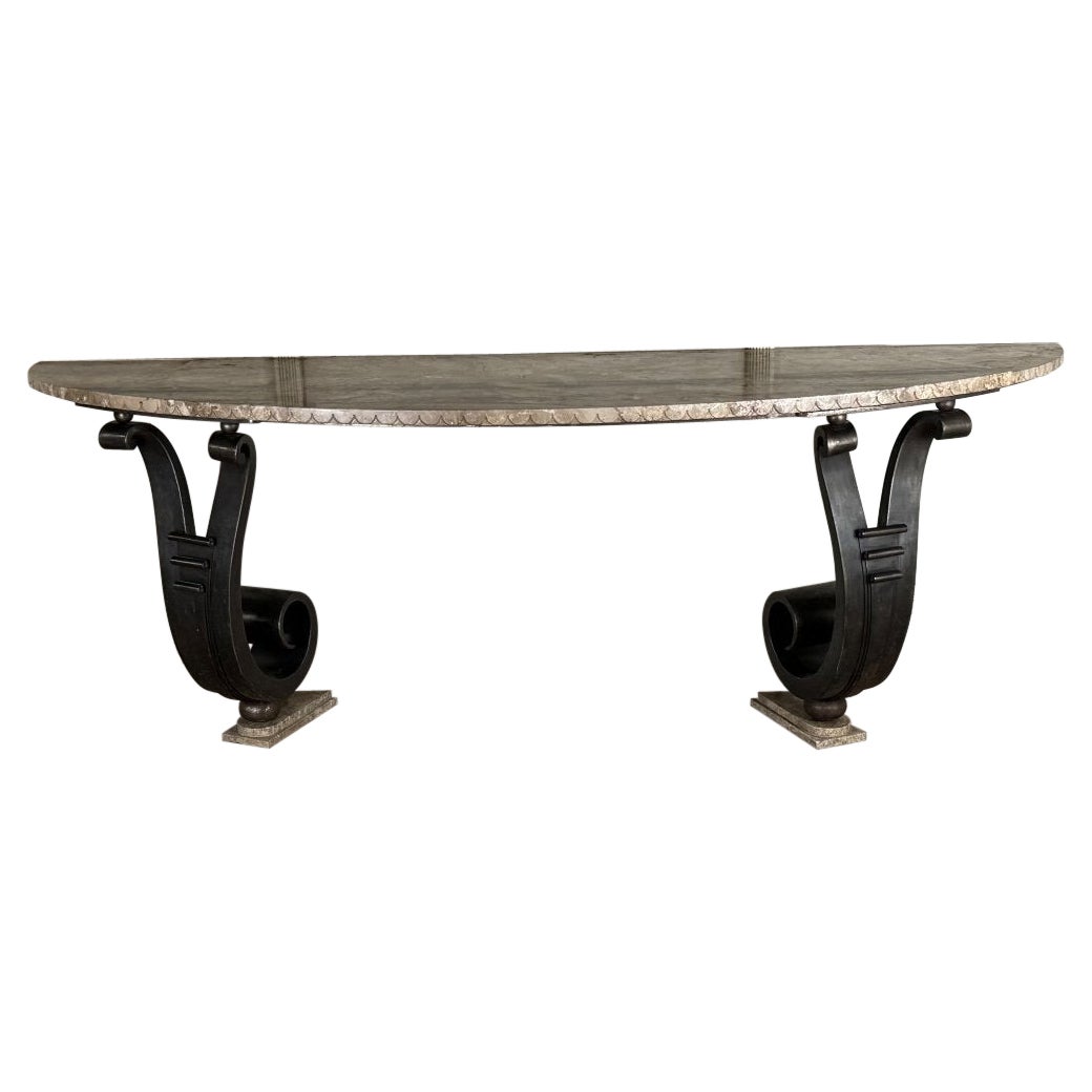 Iron Console With Double Winding Leg, Beige Marble Top Carved In Belt