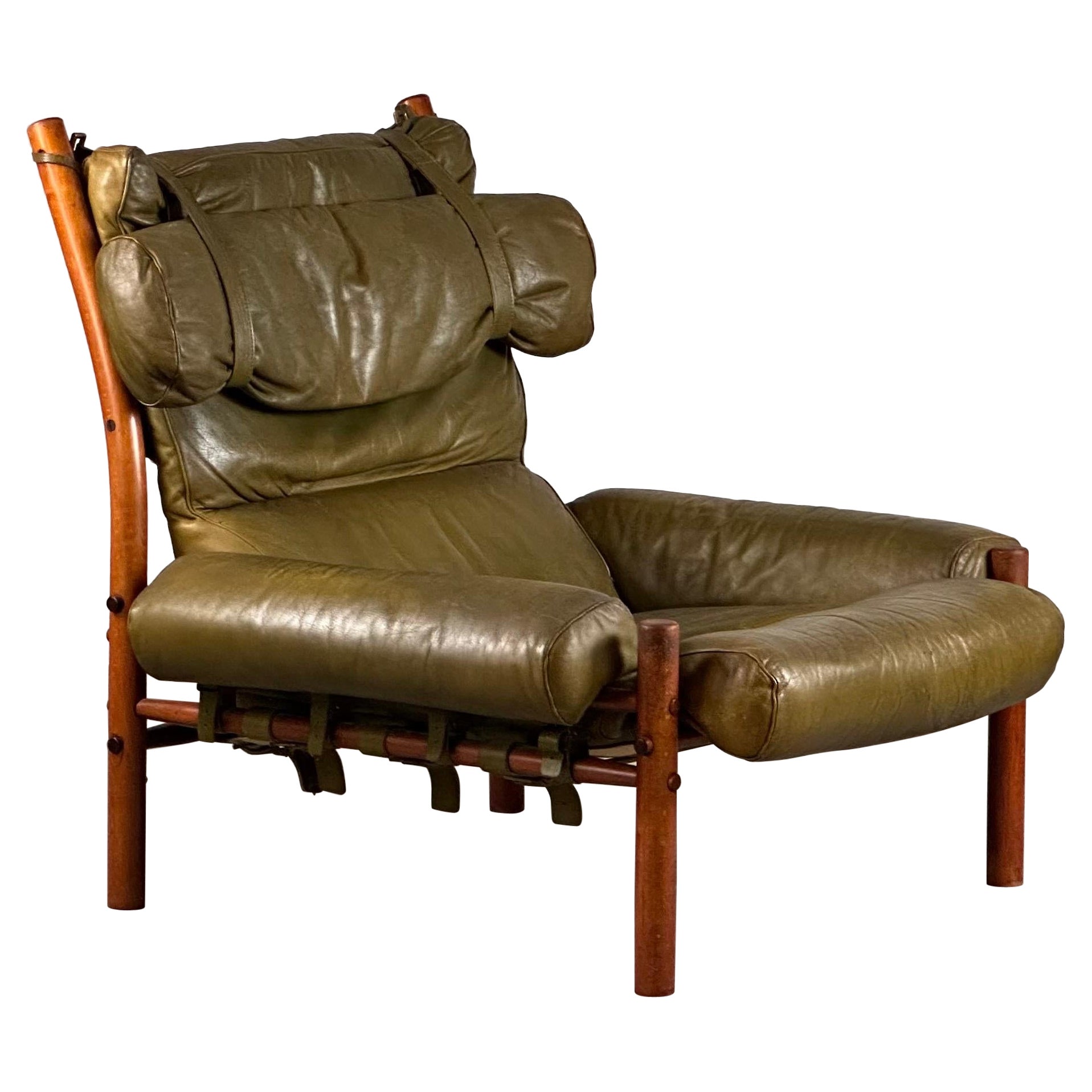 "Inca" Armchair by Arne Norell in Patinated Green Buffalo Leather, 1970s Sweden