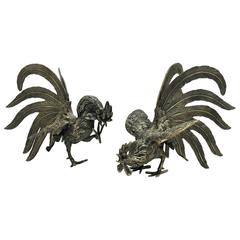 Antique Bronze Fighting Roosters Gamecocks, Pair
