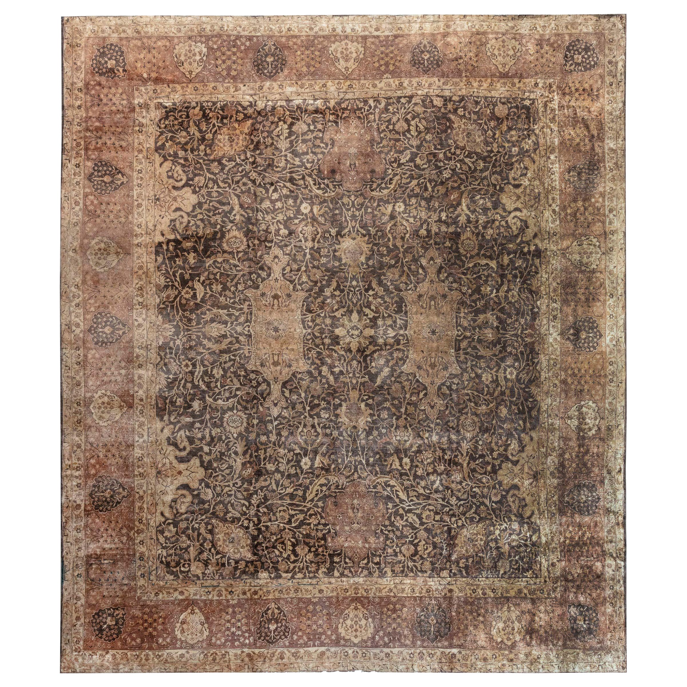Early 20th Century Indian Chocolate Brown Handmade Wool Carpet (Size Adjusted) For Sale