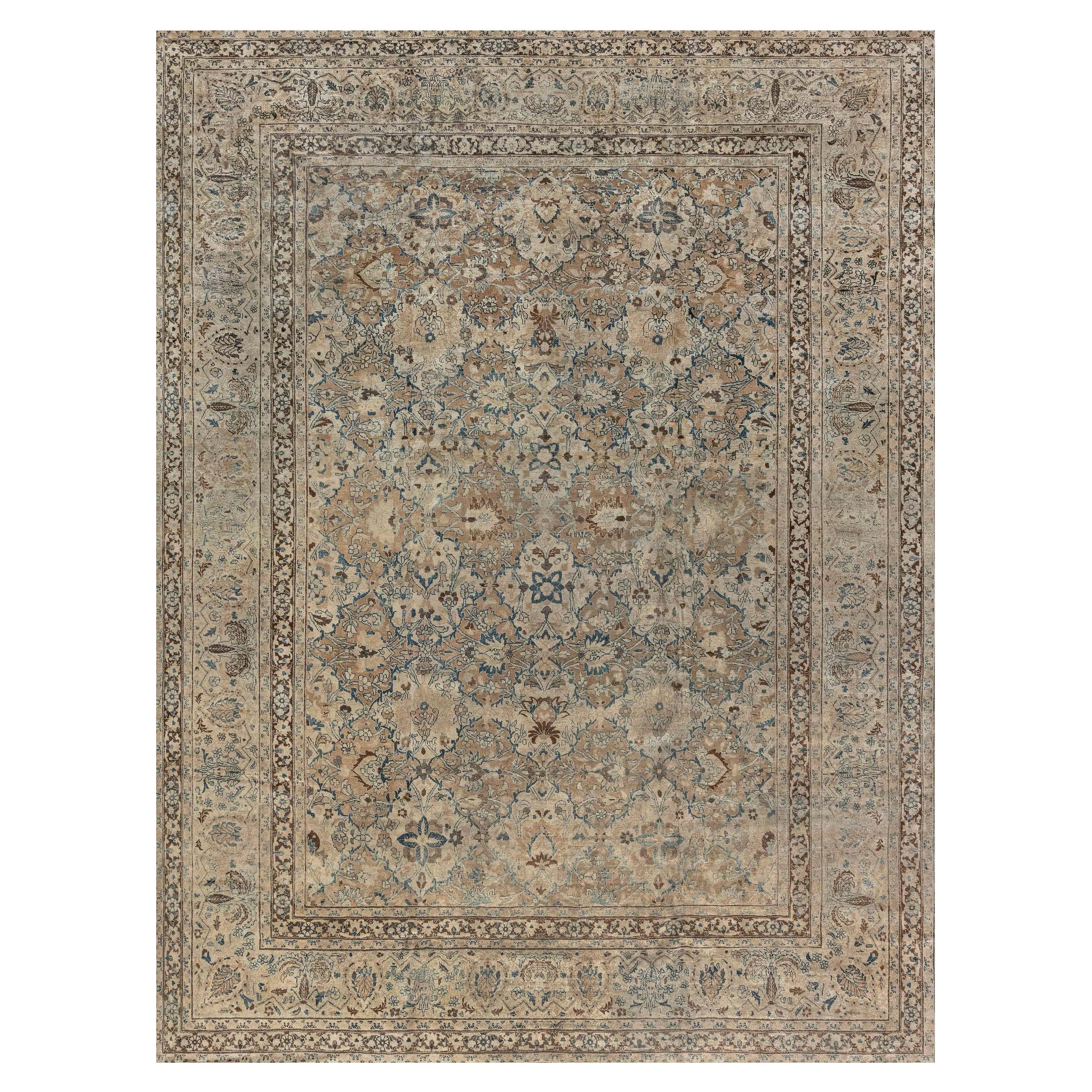 1900s Persian Meshad Botanic Blue Brown Hand Knotted Wool Rug For Sale