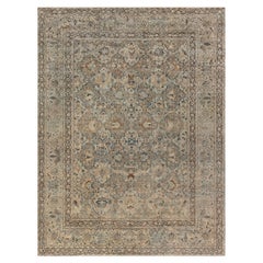 1900s Persian Meshad Botanic Blue Brown Hand Knotted Wool Rug