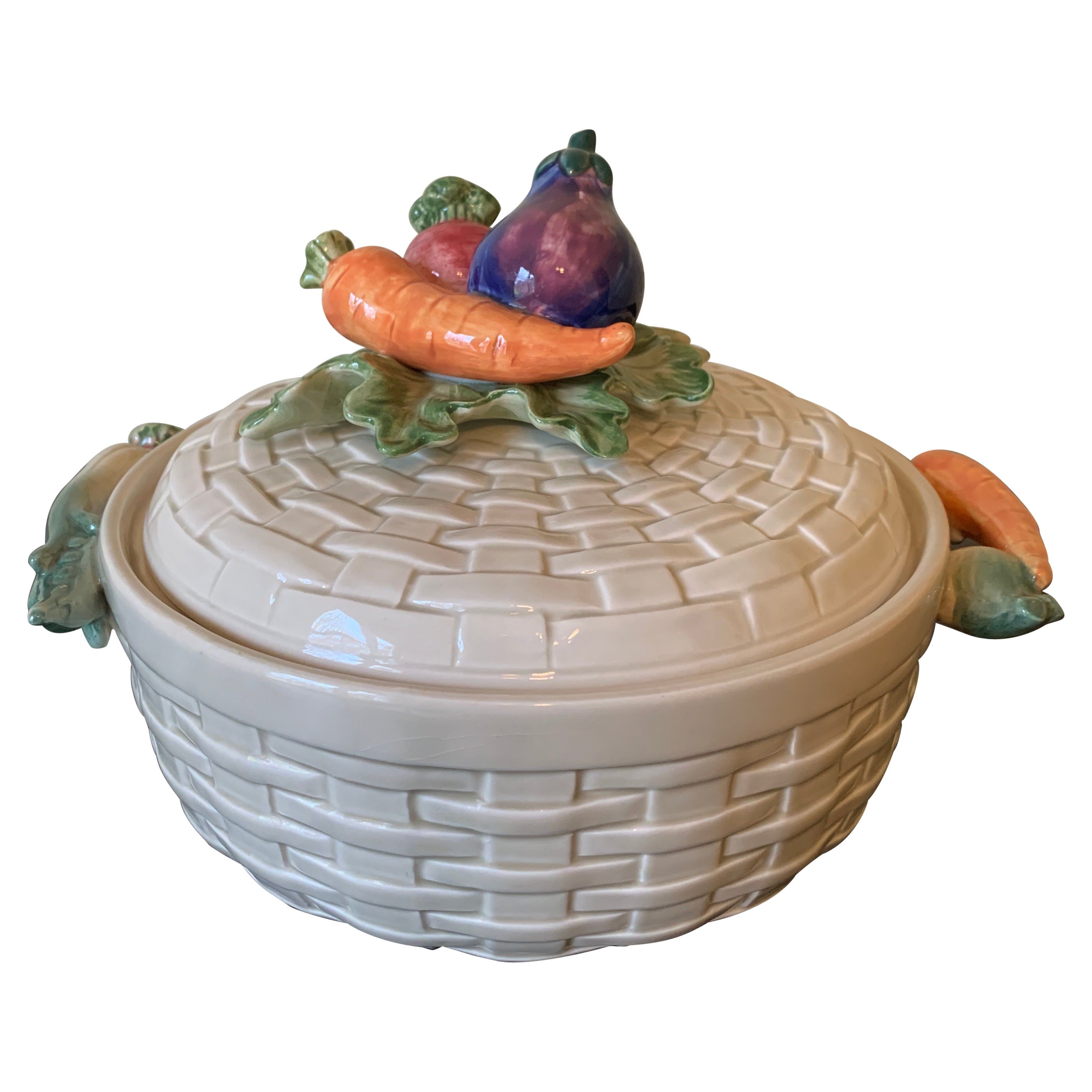 Fitz & Floyd Glazed Ceramic Trompe l'Oeil Woven Basket With Vegetables Casserole For Sale