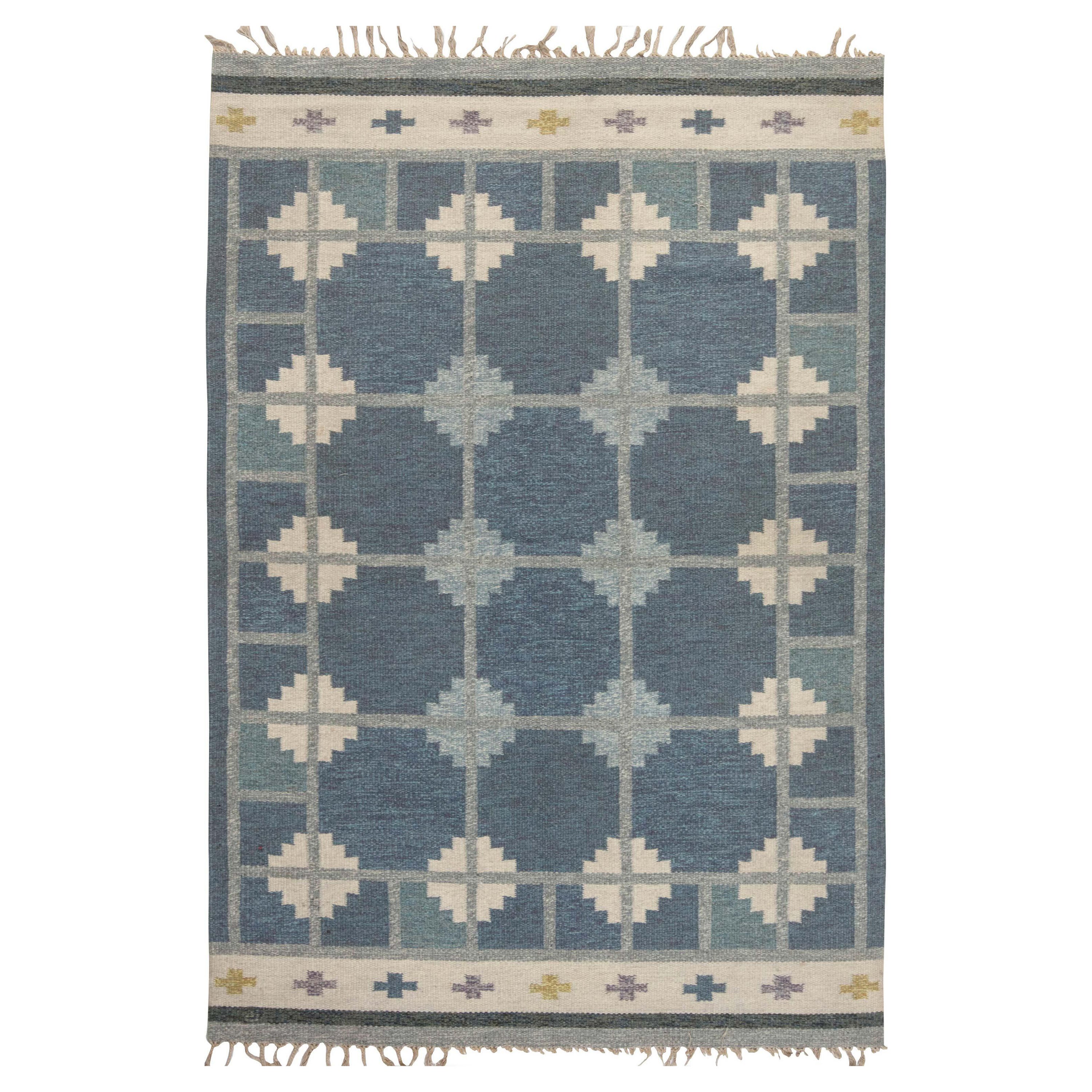 Mid-20th Century Blue, Gray, Ivory Swedish "Snowflake" Rug by Ingegerd Silow For Sale